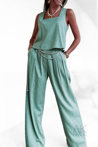 Pantalon fluide vert d'eau à pinces