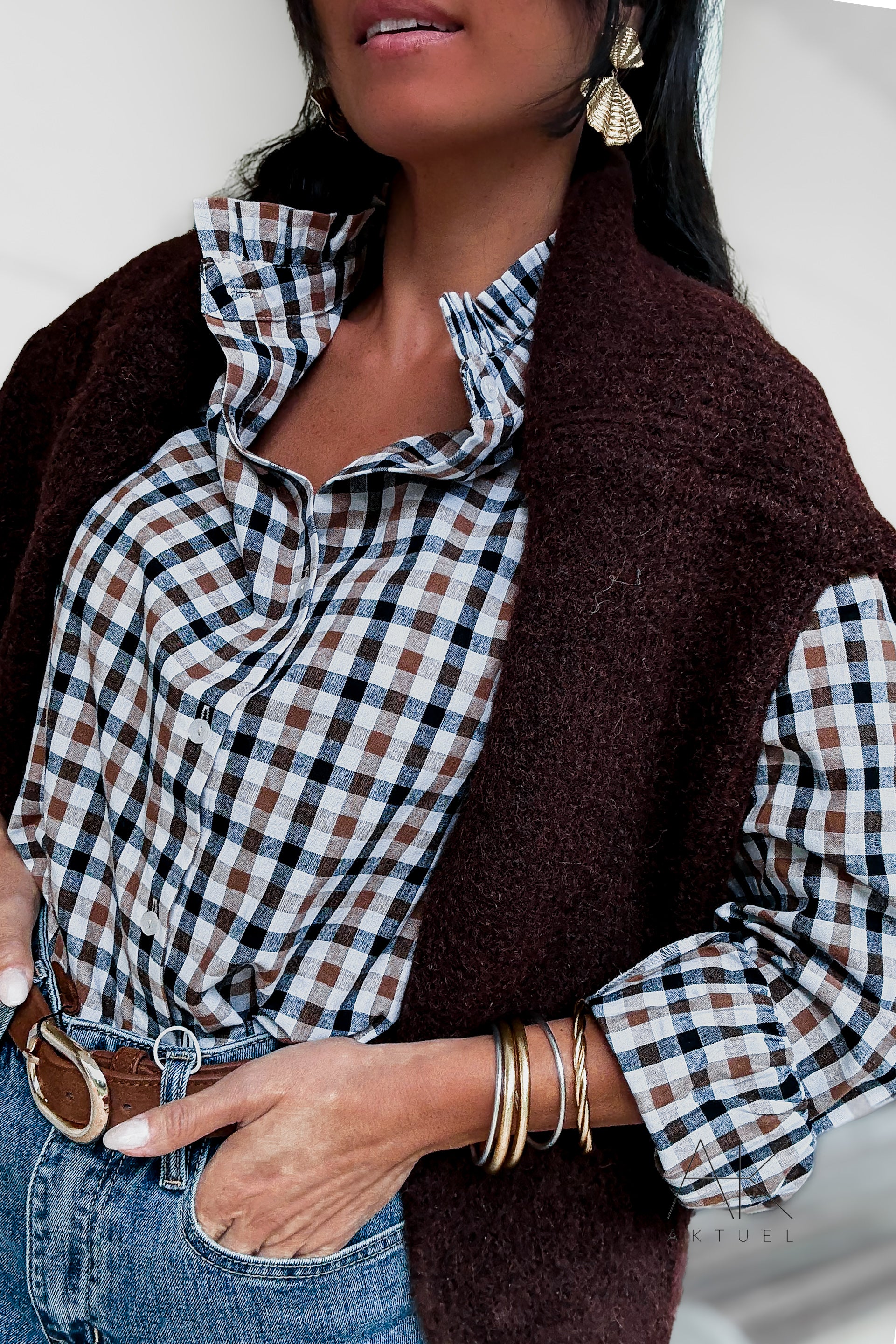 Chemise à carreaux col volant marron et noir