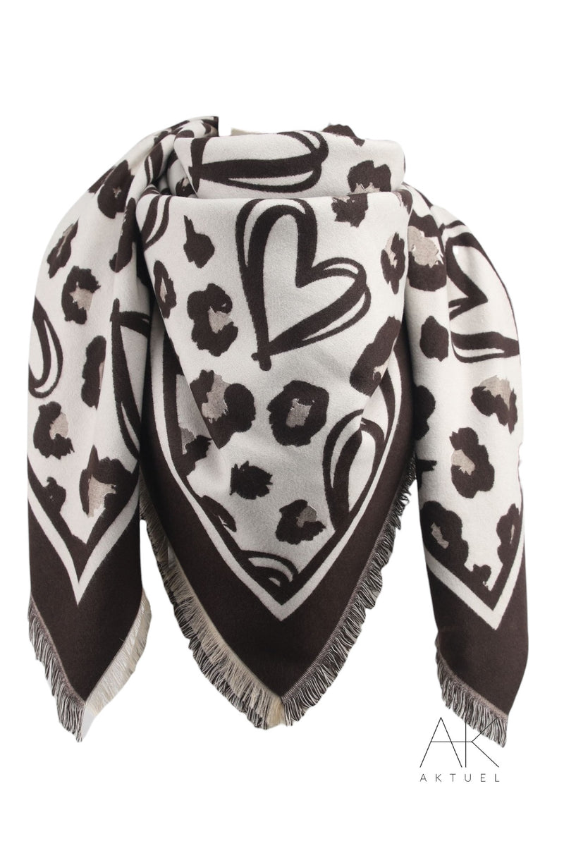 Foulard marron carré motifs cœurs