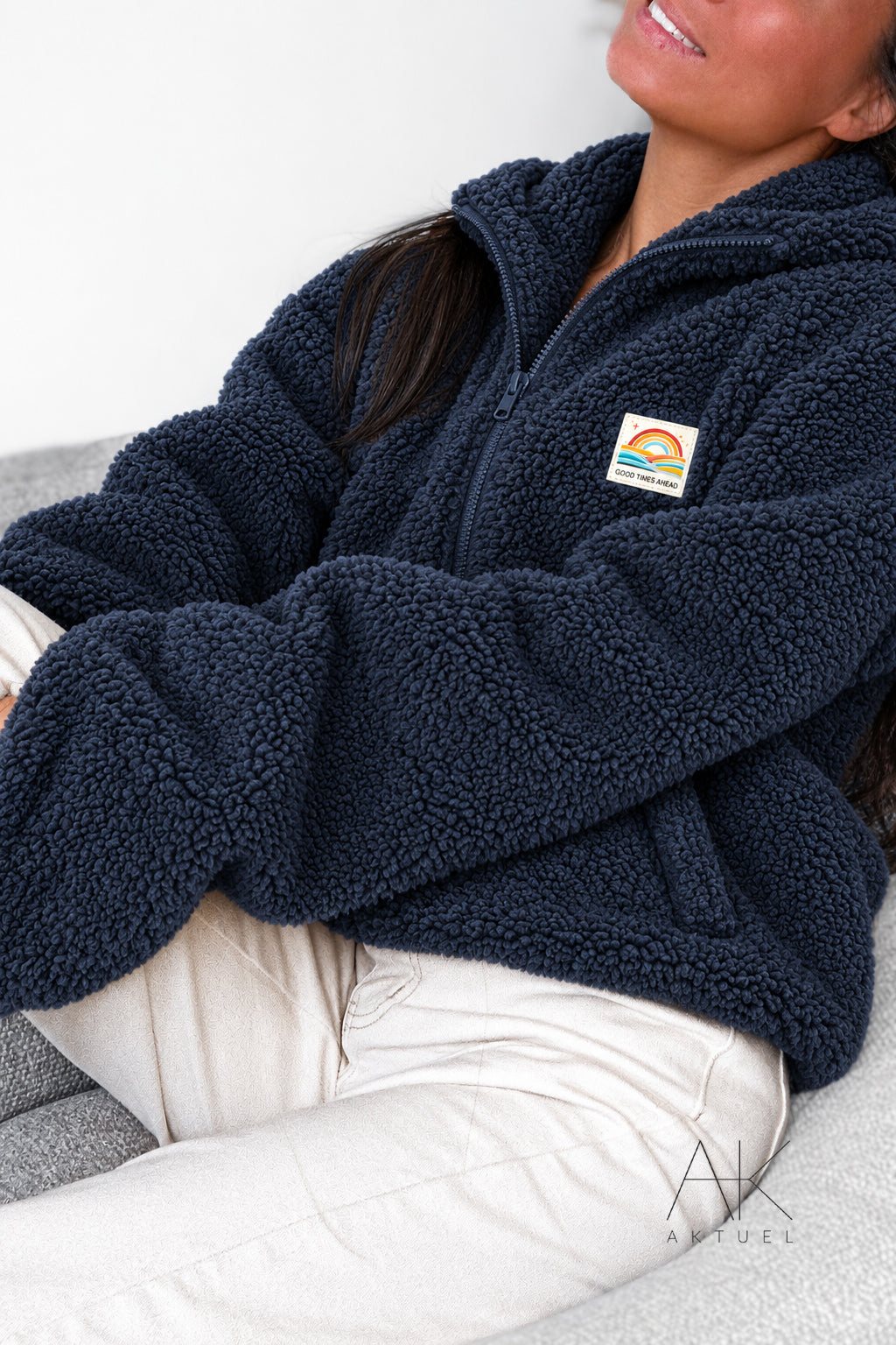 Veste Polaire moutonnée à capuche zippée bleu marine