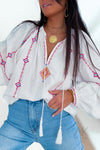 Blouse bohème à détails brodés rose