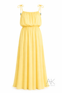 Robe longue jaune soleil à bretelles perlées