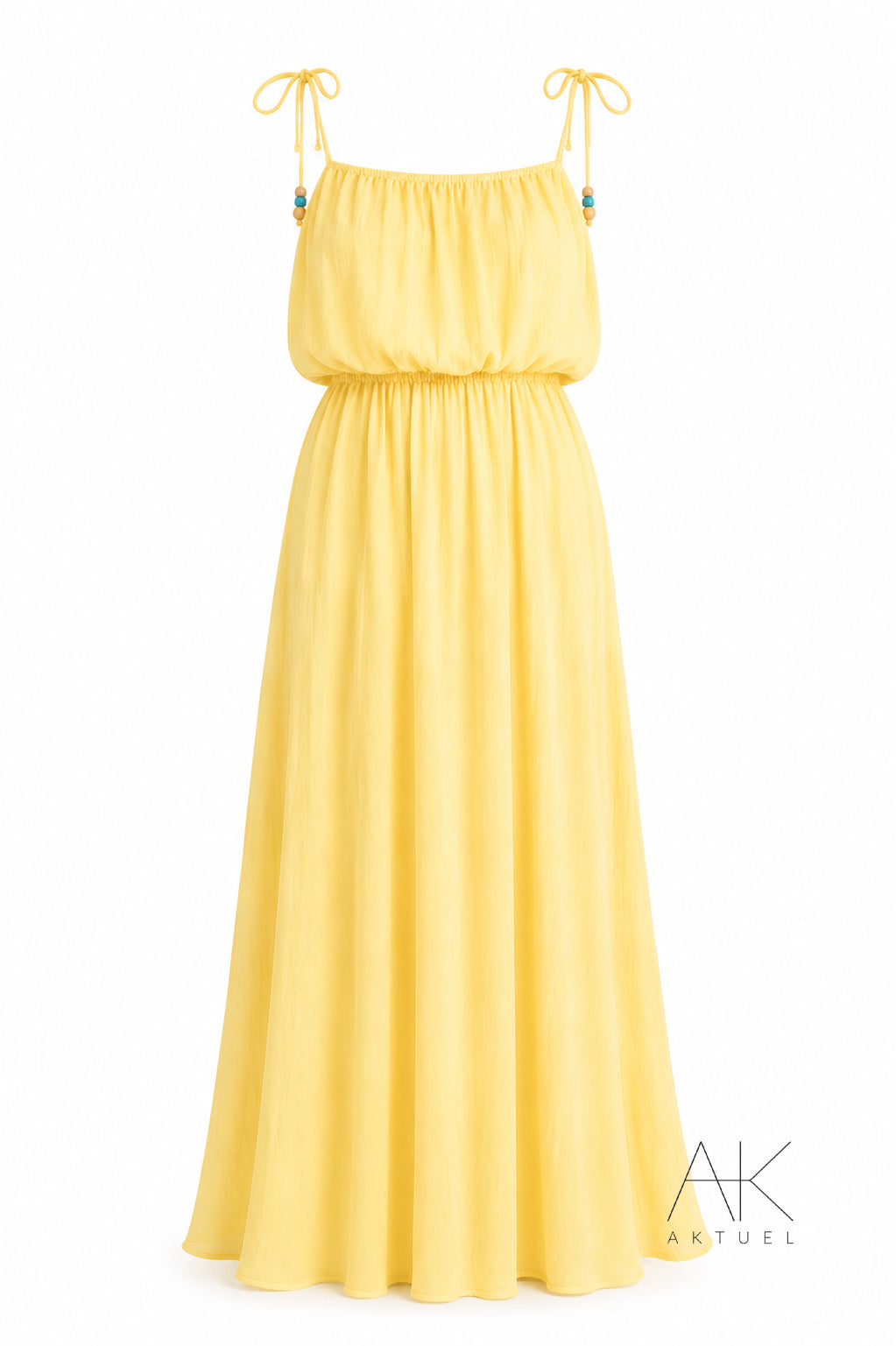 Robe longue jaune soleil à bretelles perlées