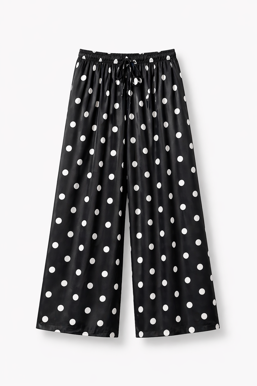 Pantalon fluide satiné noir à pois