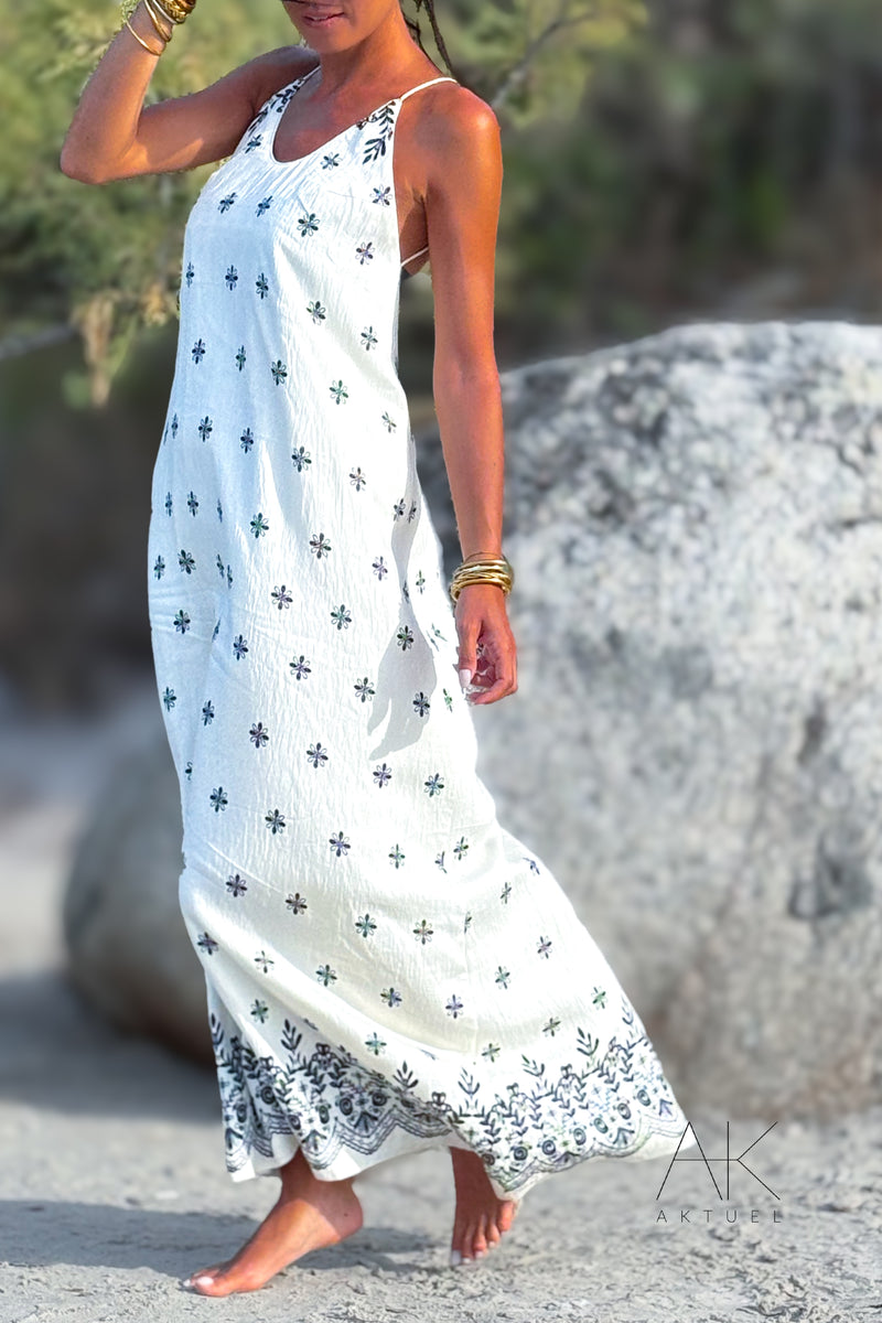 Robe longue écru à dos nu à imprimé bohème