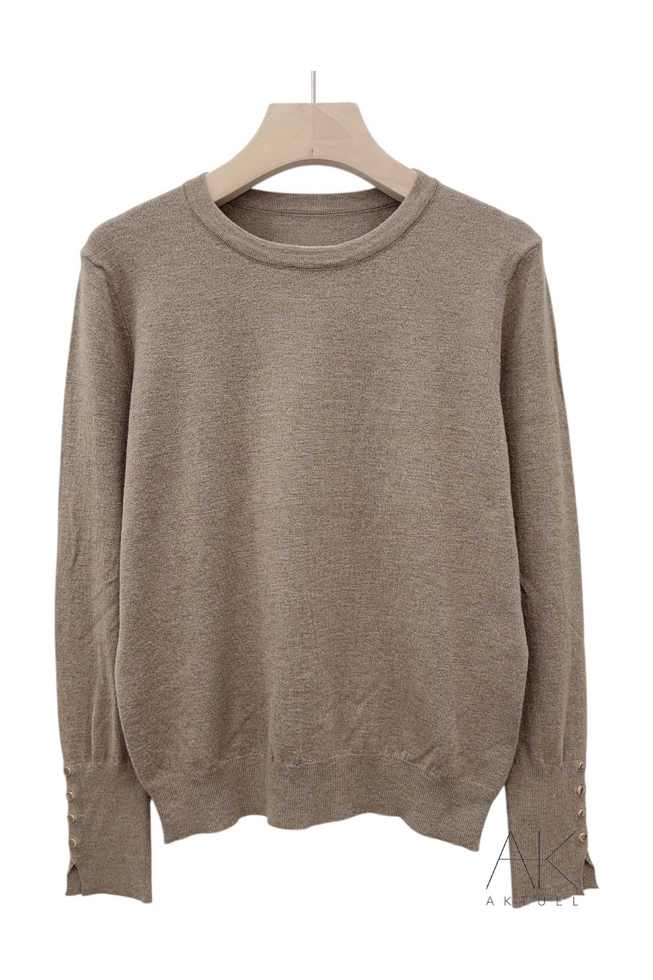 Pull fin col rond taupe
