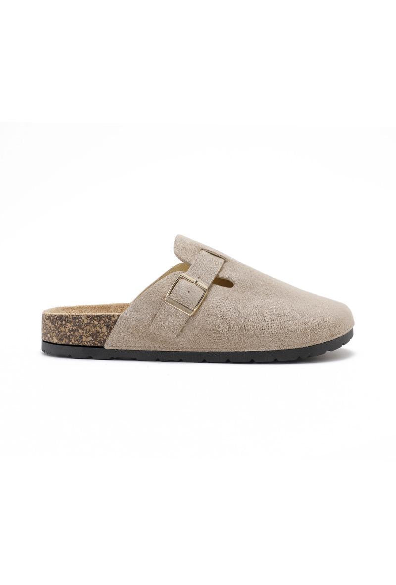 Sabots mules beige effet suédine à boucle