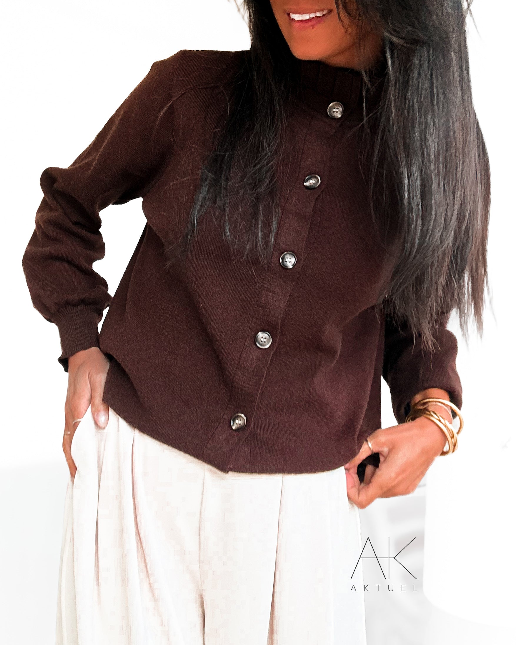 Gilet col volanté marron chocolat