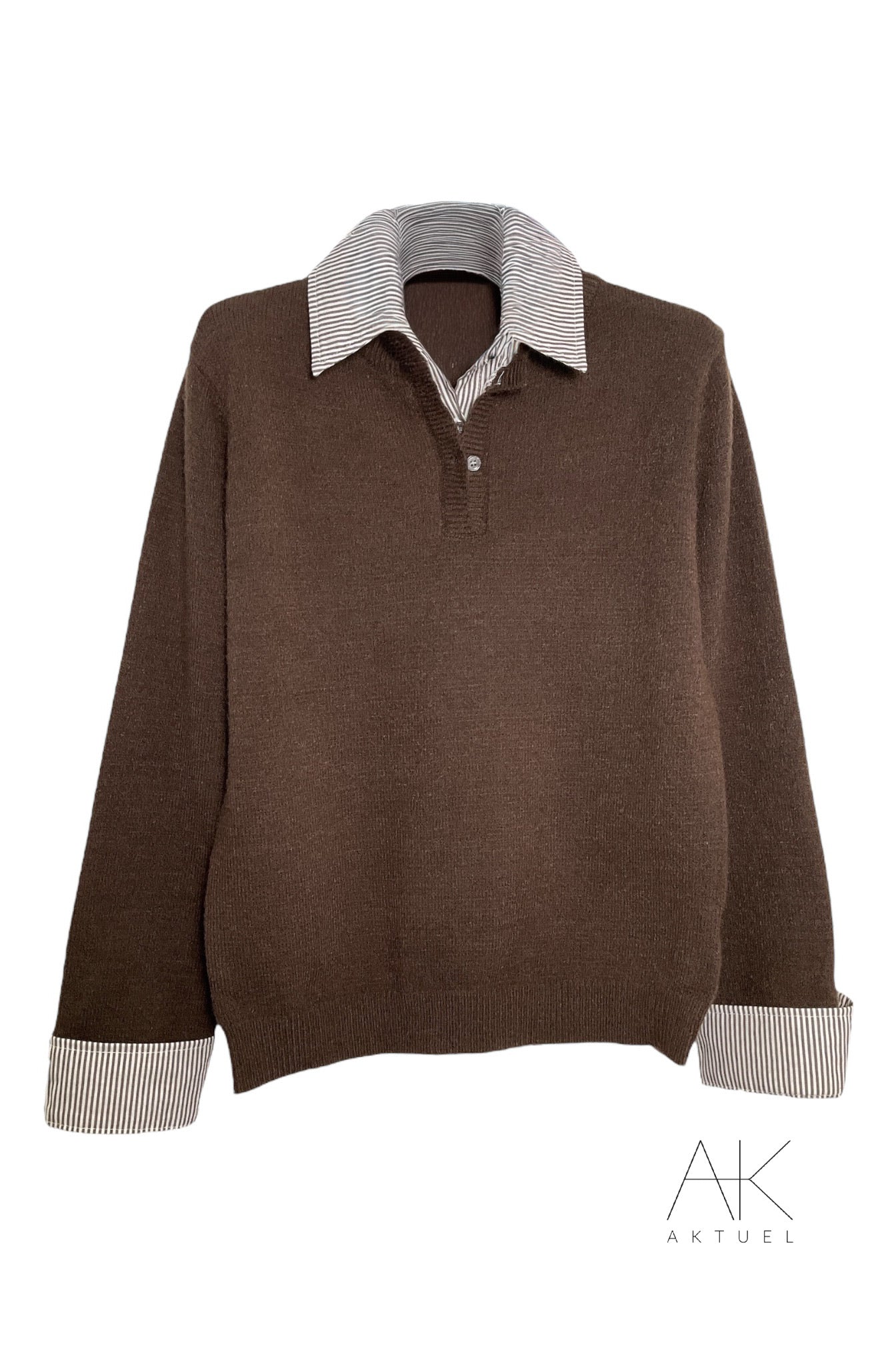 Pull marron col chemise rayé