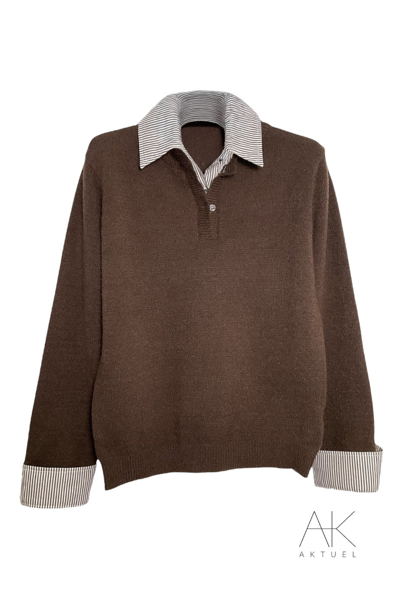 Pull marron col chemise rayé