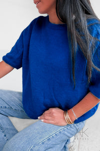 Pull bleu roi alpaga à manches courtes