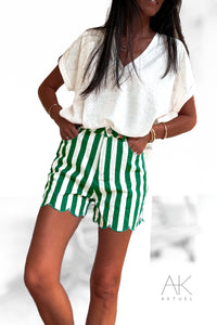 Short en jean à rayures finition festonnée vert