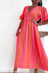 Robe longue en gaze de coton en imprimé graphique rose fluo & corail