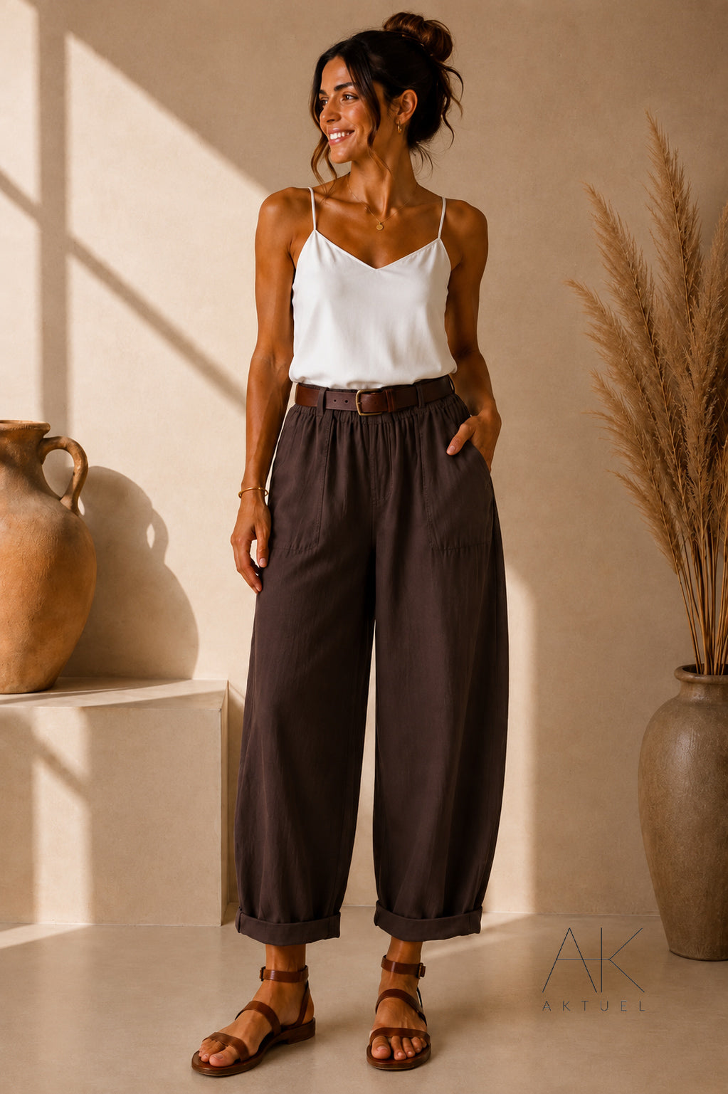 Pantalon barrel en lin marron chocolat