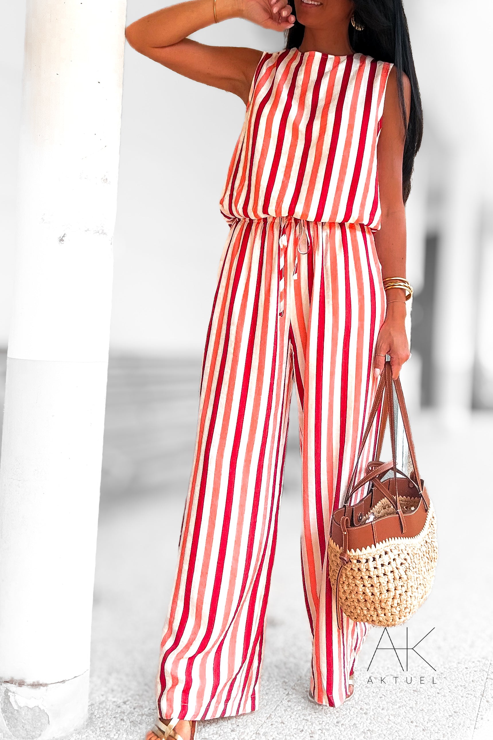 Ensemble pantalon rayé saumon & rouge