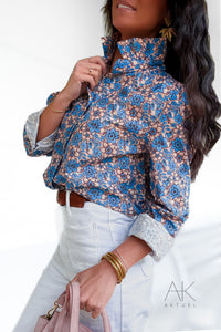 Chemise imprimée fleurie bleu et beige