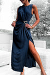 Robe bleu sans manches détail boucle dorée