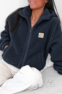 Veste Polaire moutonnée à capuche zippée bleu marine