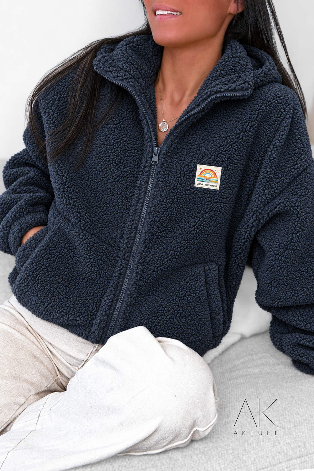Veste Polaire moutonnée à capuche zippée bleu marine