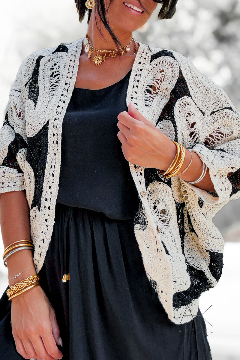 Gilet en crochet écru noir – Boutique Aktuel