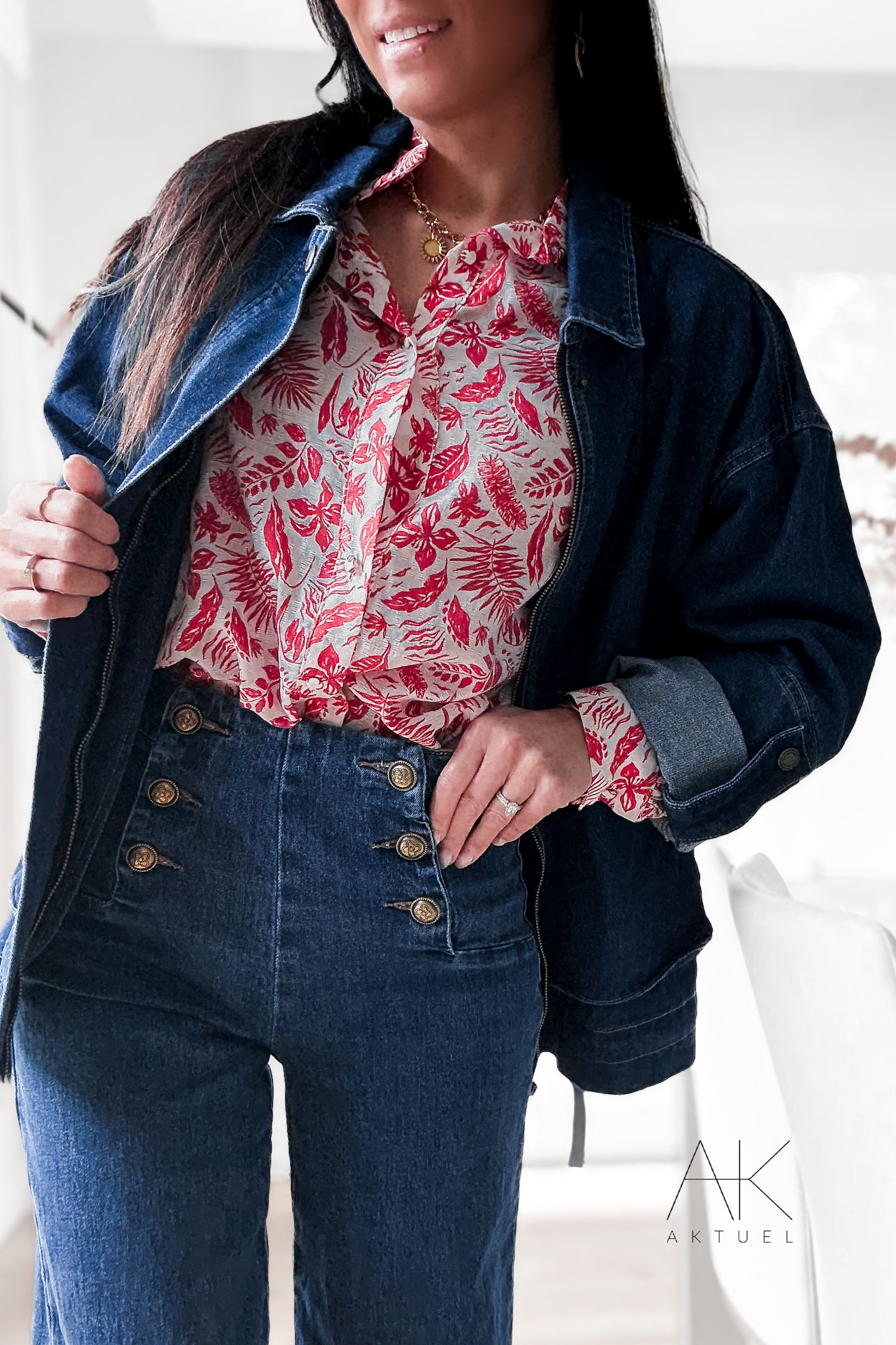 Chemise imprimé feuillage rouge et écru