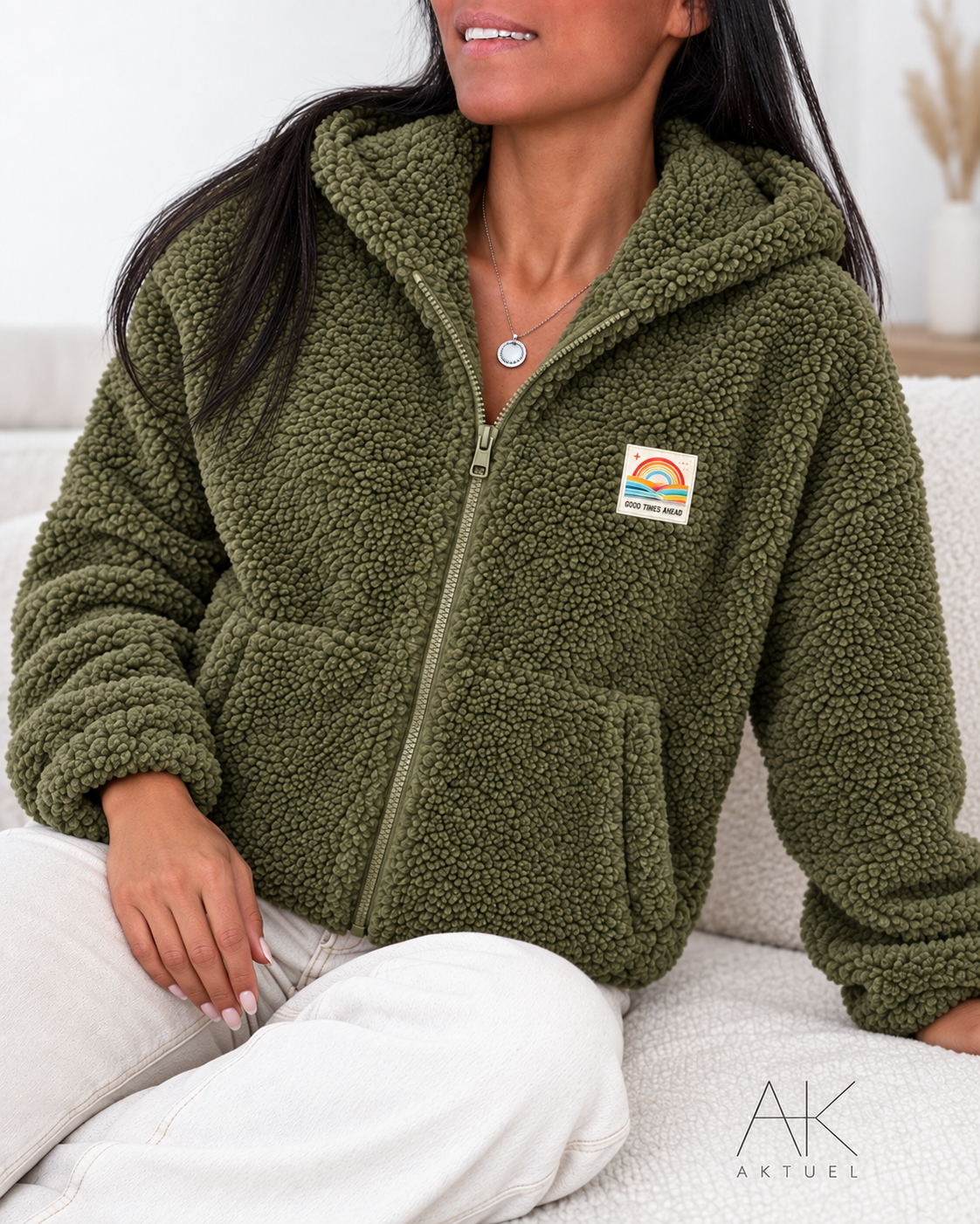 Veste Polaire moutonnée à capuche zippée kaki