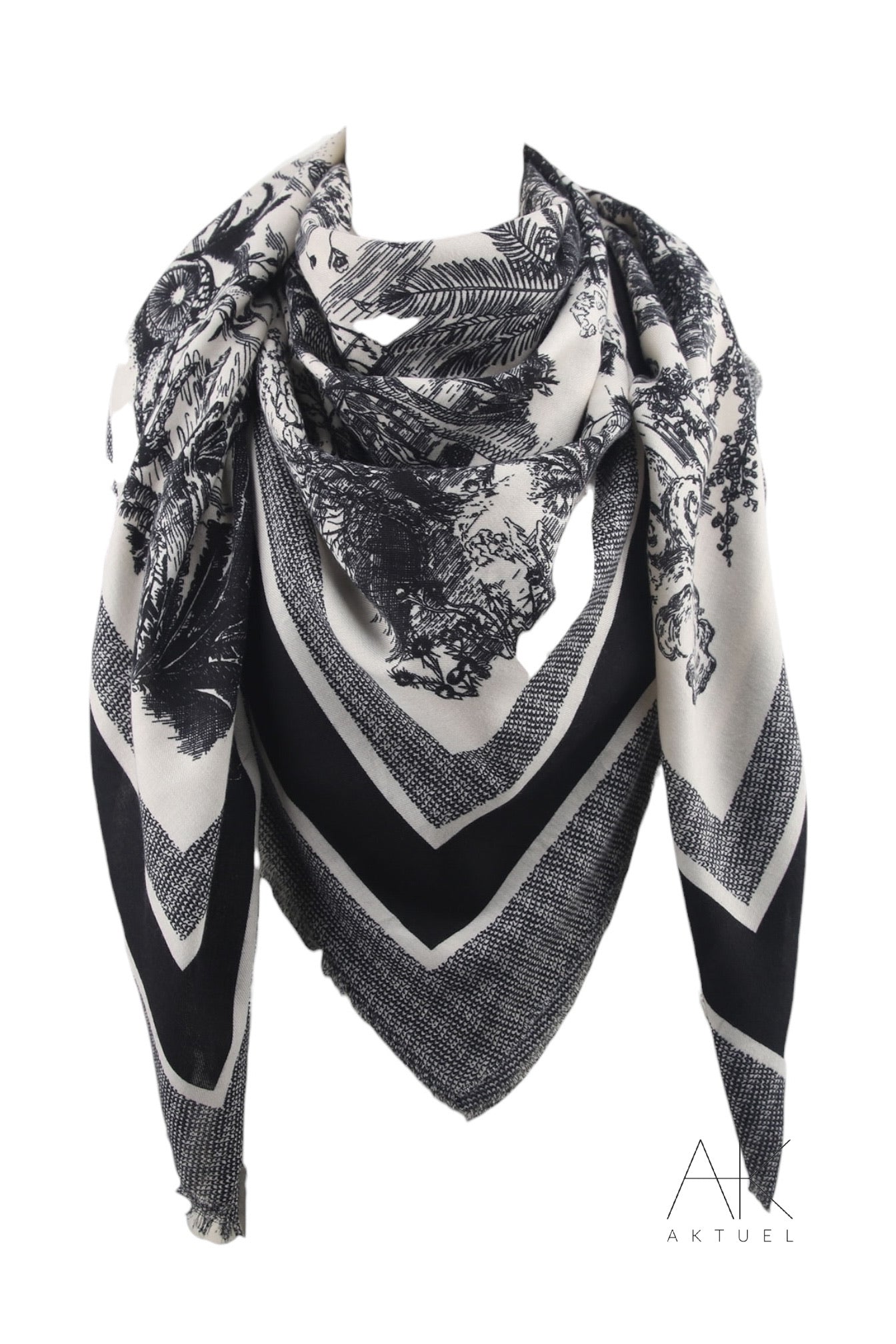 Foulard noir en imprimé toile de jouy