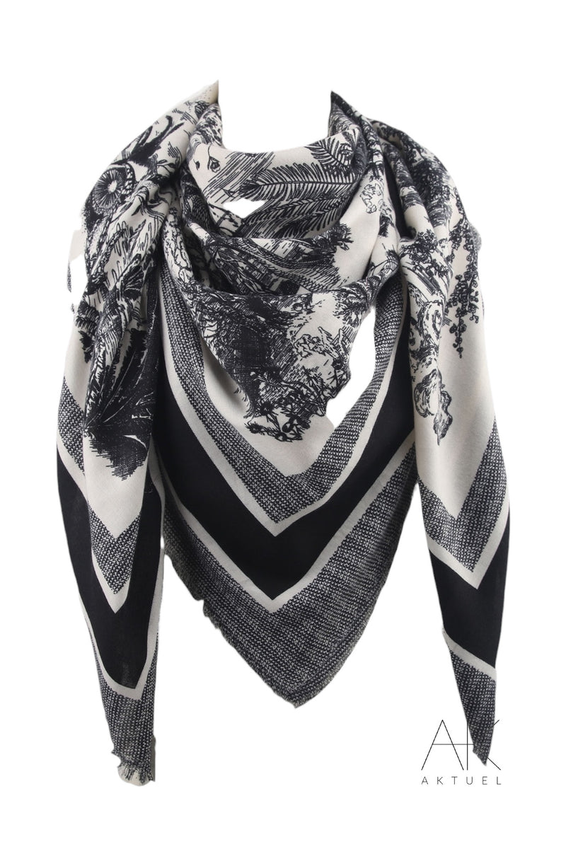 Foulard noir en imprimé toile de jouy