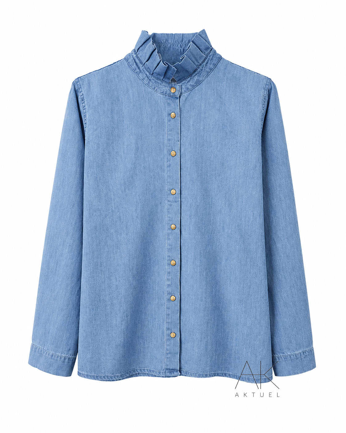 Chemise bleu denim à col volanté - grande taille