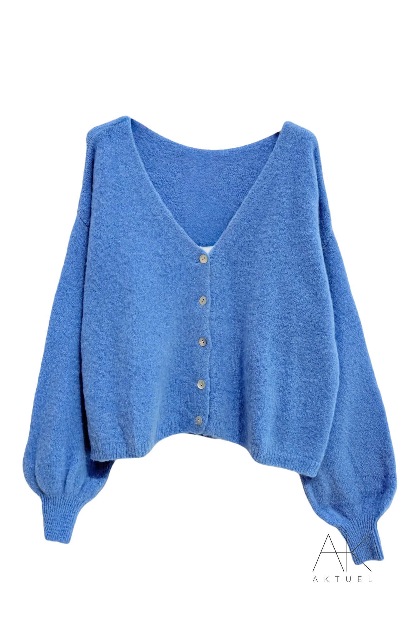 Pull gilet bleu clair en baby alpaga col V