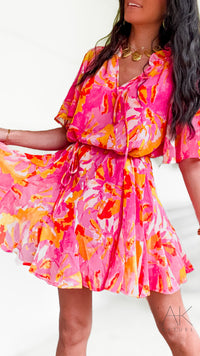 Robe courte patineuse imprimé fuchsia & corail