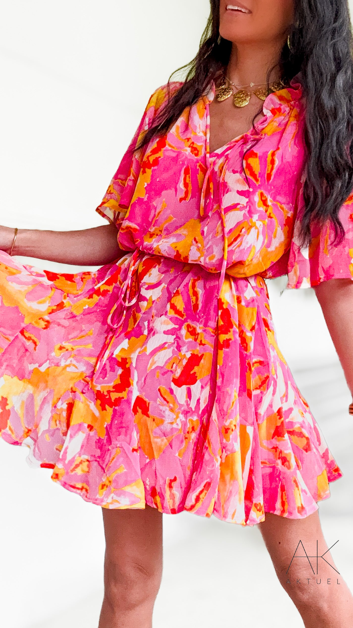 Robe courte patineuse imprimé fuchsia & corail