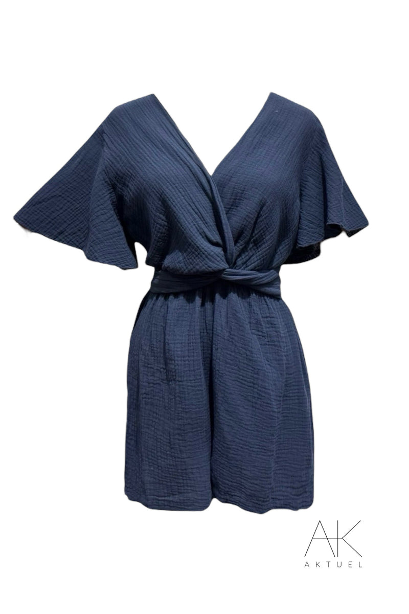 Combinaison short en gaze de coton bleu marine