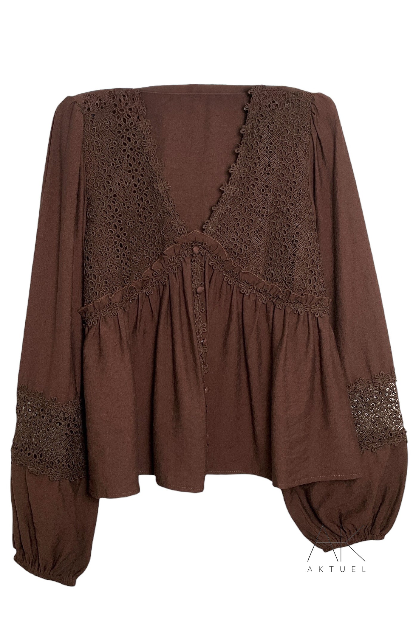 Blouse bohème chocolat en dentelle