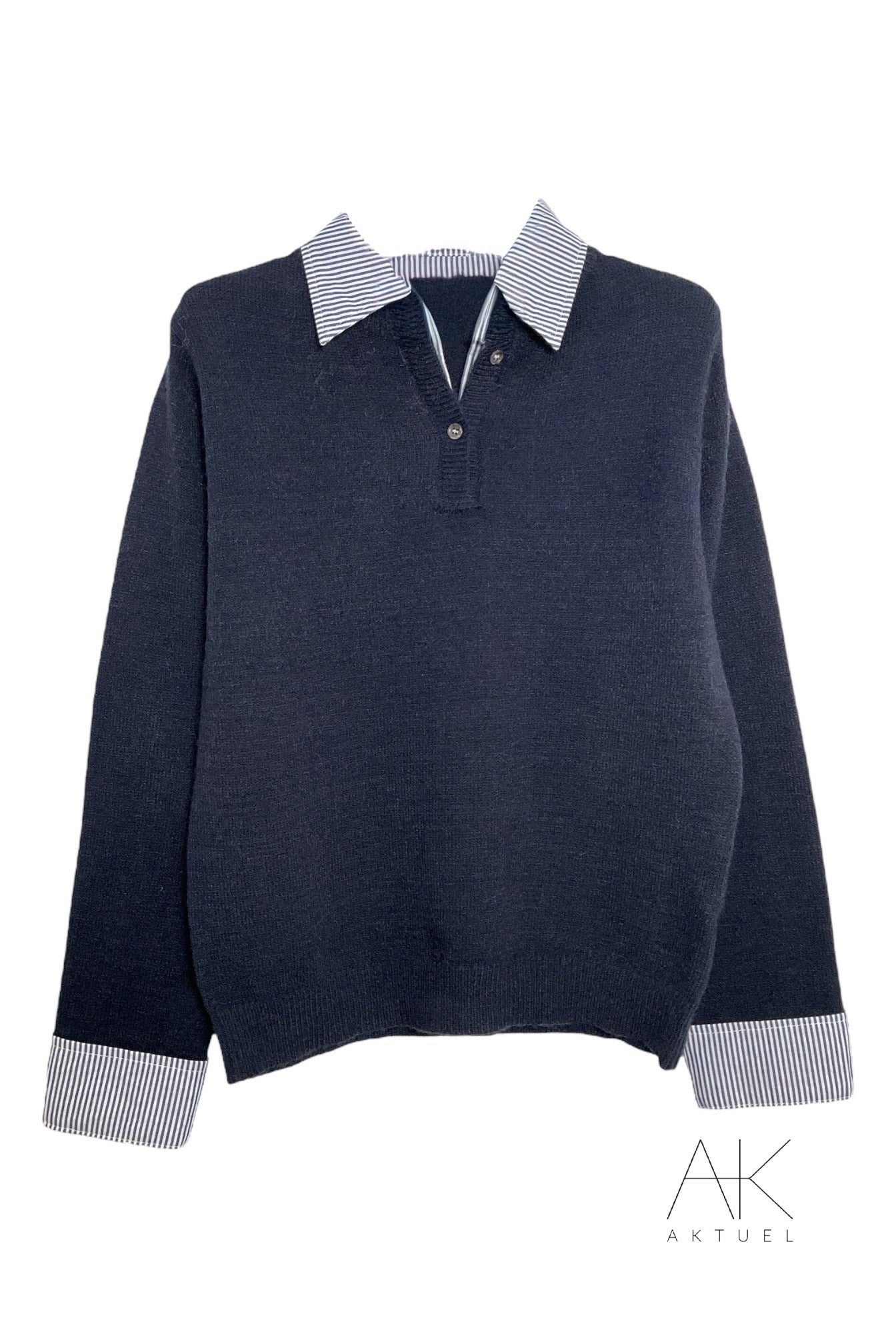 Pull marine col chemise rayé