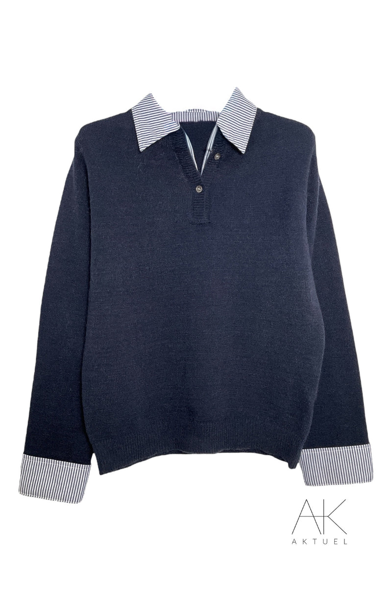 Pull marine col chemise rayé