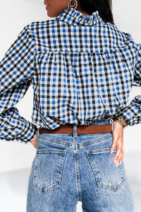 Chemise à carreaux col volant bleu et noir