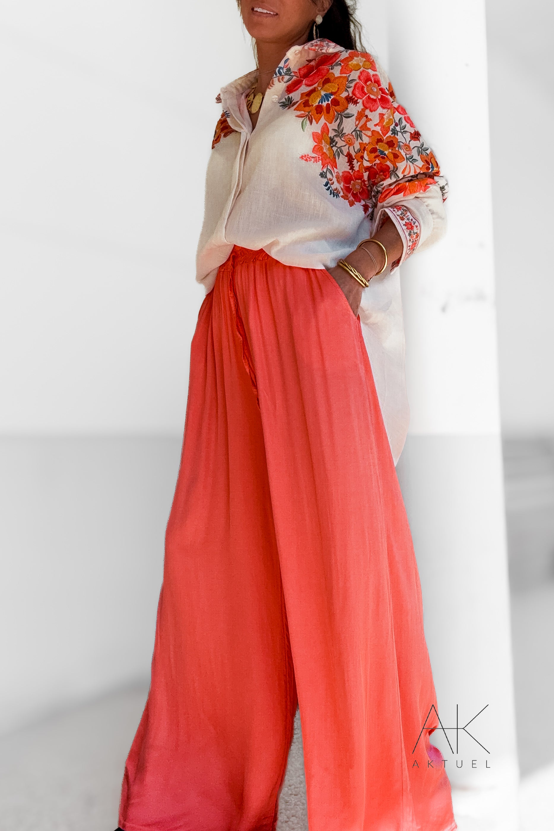 Pantalon fluide satiné corail