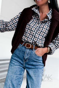 Chemise à carreaux col volant marron et noir