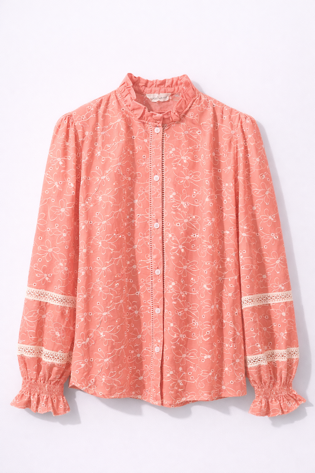 Blouse corail brodée détails dentelle