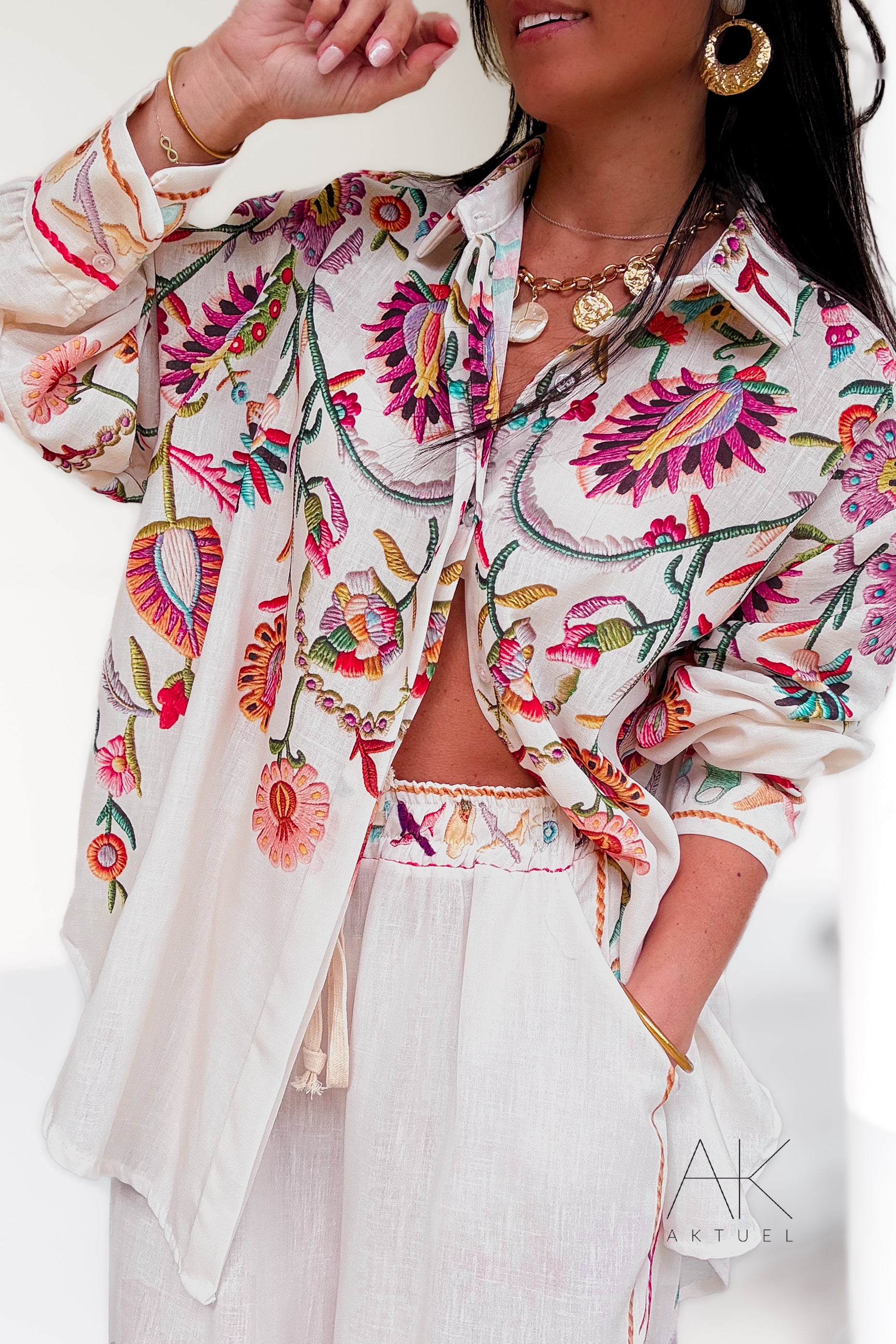 Chemise lin imprimé fleurs colorées