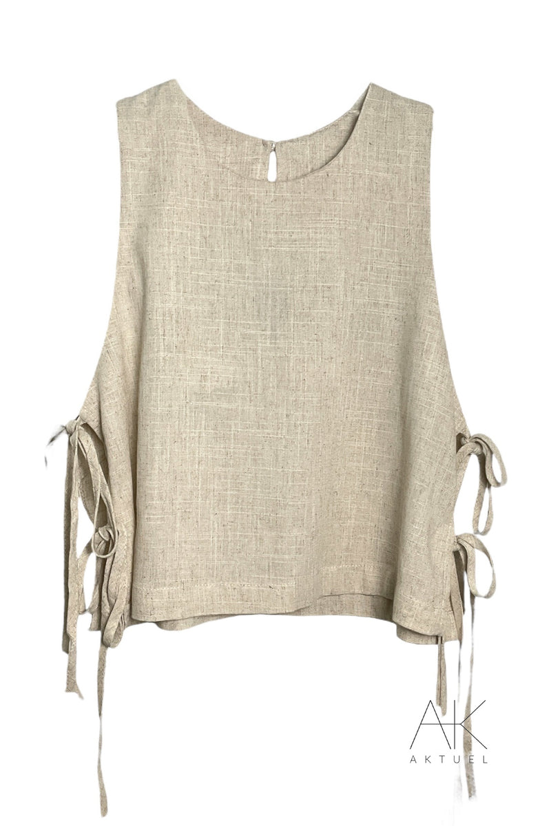 Top beige en lin mélangé à liens