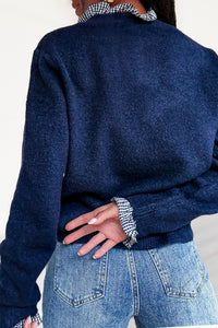 Gilet bleu marine à finition imprimé carreaux