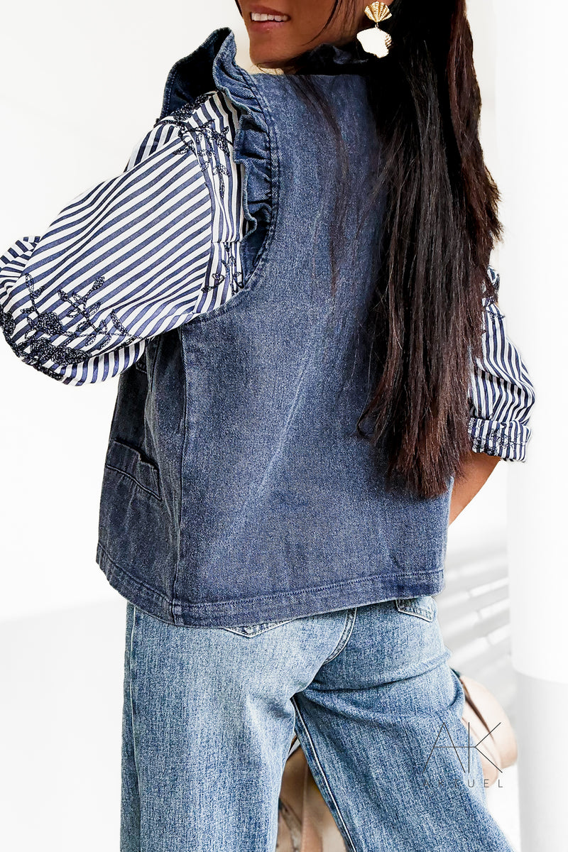 Gilet denim bleu à volants