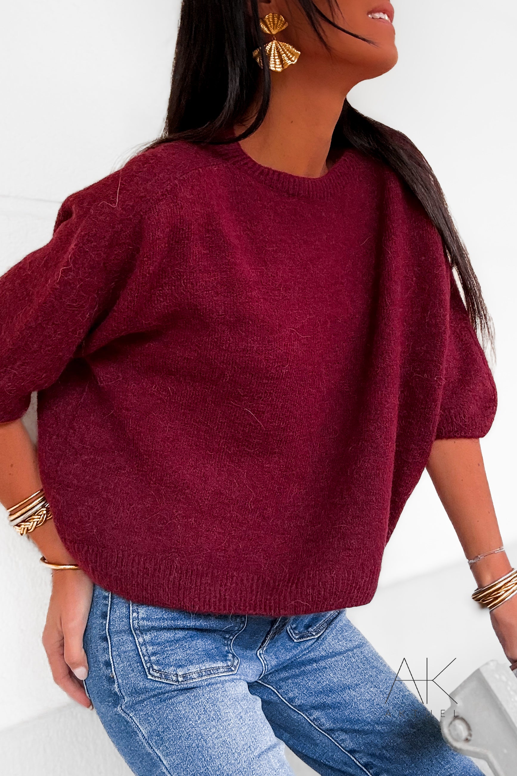 Pull bordeaux alpaga à manches courtes