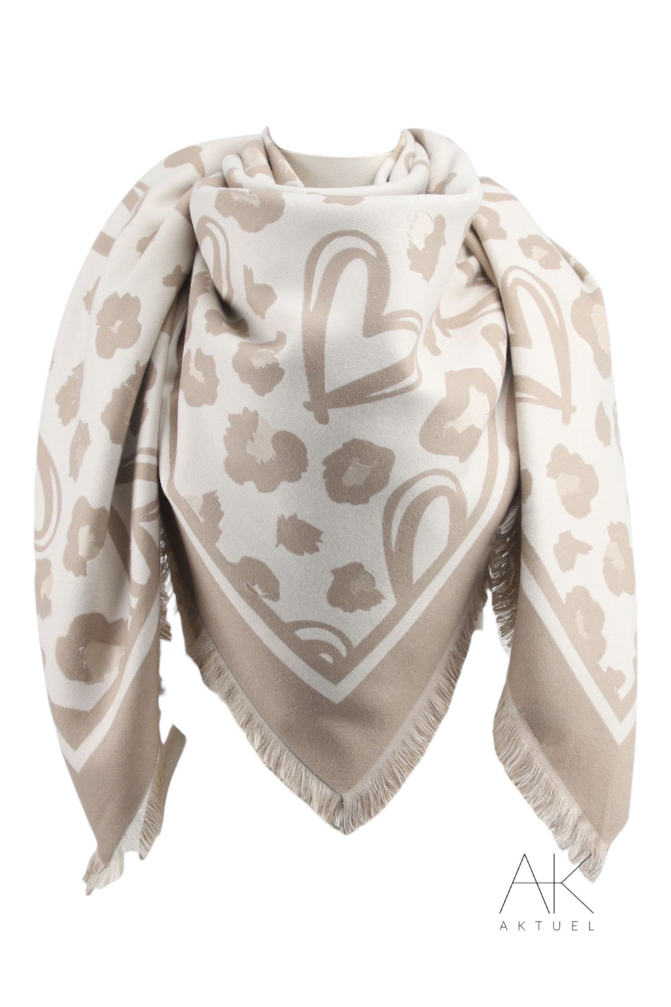 Foulard beige carré motifs cœurs