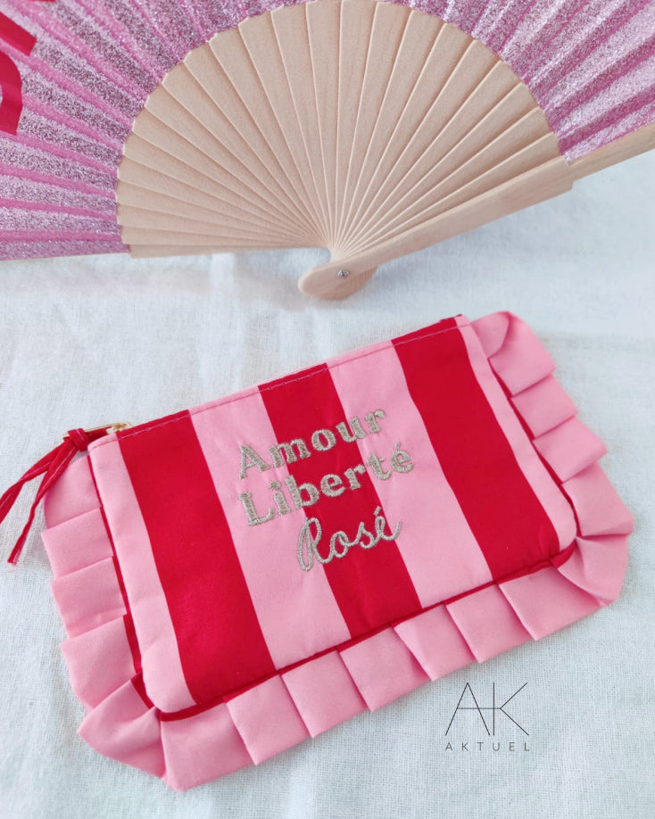 Pochette froufrou « Amour, Liberté et rosé » rose/rouge