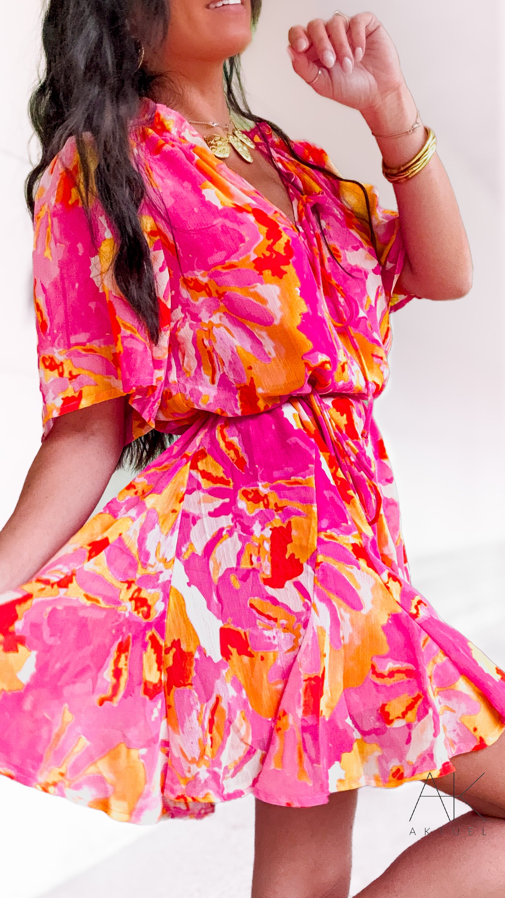 Robe courte patineuse imprimé fuchsia & corail