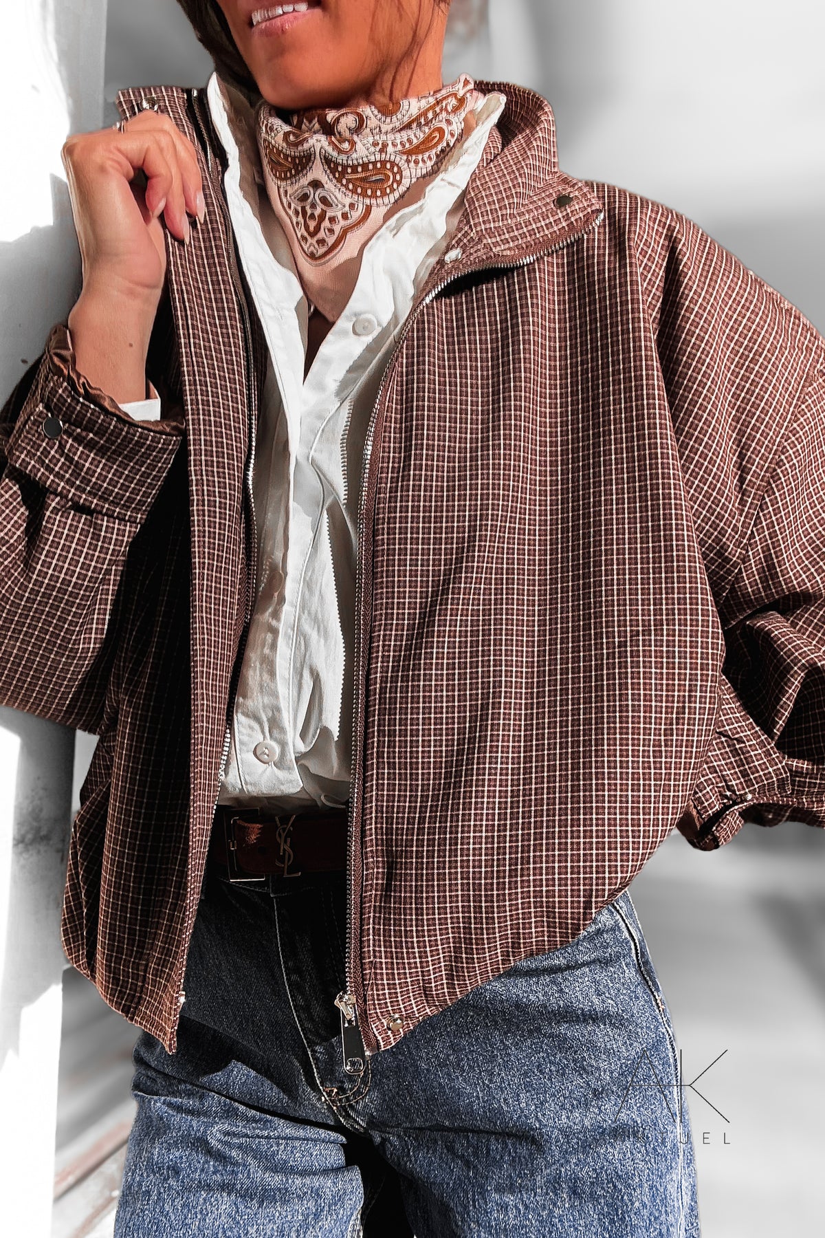 Veste courte à carreaux marron