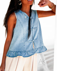 Gilet col volanté denim